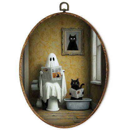 FSTCSV Funny Ghost Black Cat Bathroom Oval Wall Art Framed, Halloween Ghost Cat Canvas Prints Wall Hanging Art, Funny BlackCat in Litter Box Toilet Oval Walls Decor for Bathroom, 8.8x11.5in