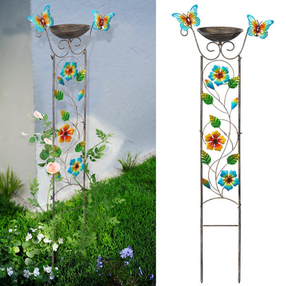 SUNNYPARK Bird Bath with Trellis Outdoor, Antique Garden Iron Plant Trellis with Decorative Floral-Butterflies Detachable Bird Bath Bowl Metal Potted Plants Support for Climbing Flowers