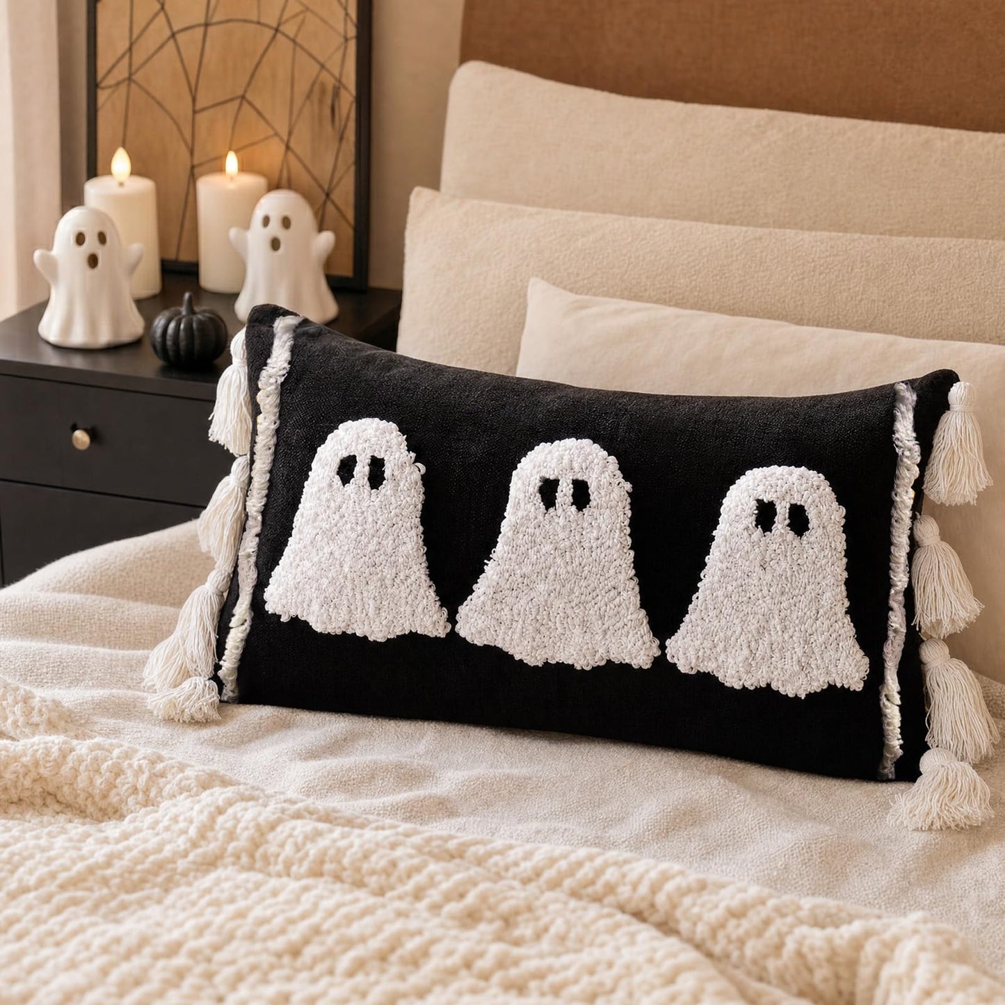 Bunny Chorus Halloween Lumbar Pillow Cover: Black and White Ghost Pillow Covers with Tassels, Cotton Linen Halloween Throw Pillow Covers 15x20 for Couch Sofa Bed, Cute Halloween Home Decorations