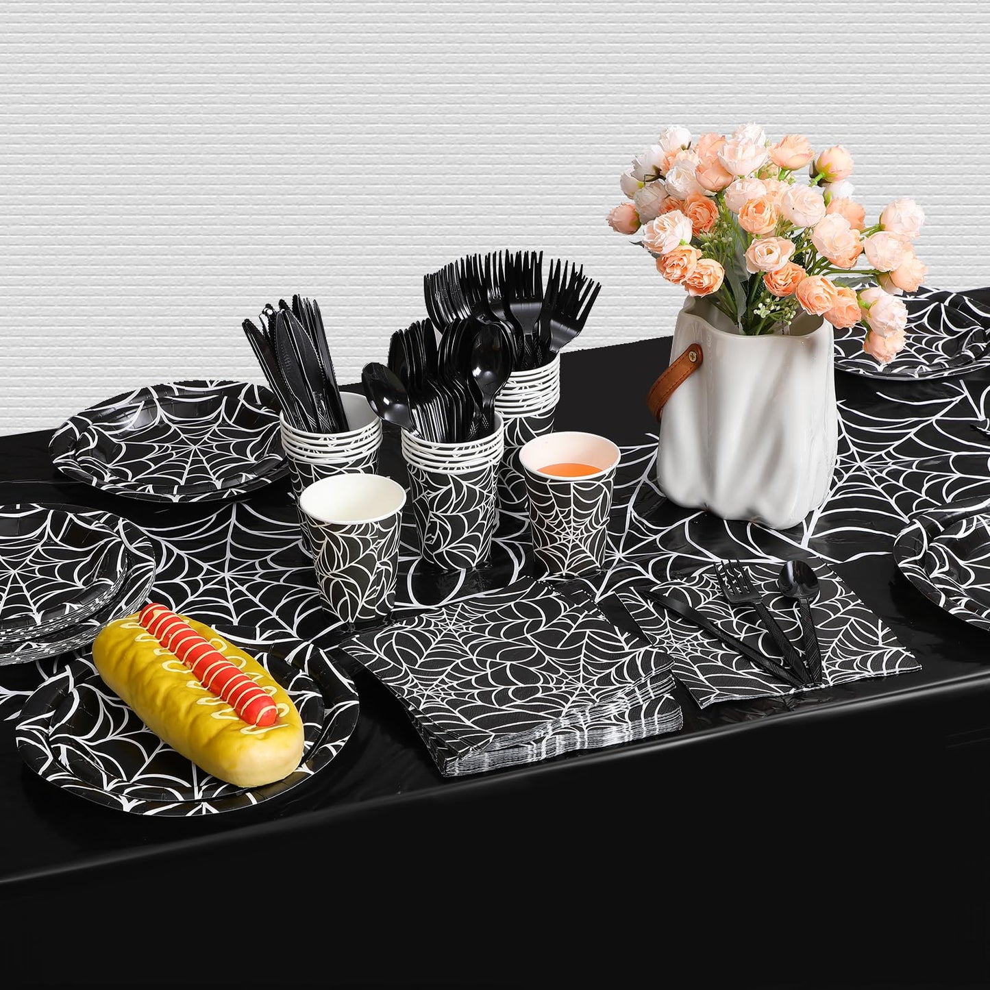 Oudain 162 Pcs Spiderweb Birthday Party Decoration Black White Spider Web Rectangular Tablecloth Disposable Plates Napkins Cups Forks Spoons Knifes Tableware Set for Theme Party Supplies