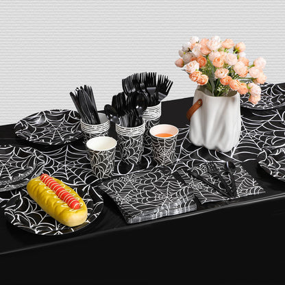 Oudain 162 Pcs Spiderweb Birthday Party Decoration Black White Spider Web Rectangular Tablecloth Disposable Plates Napkins Cups Forks Spoons Knifes Tableware Set for Theme Party Supplies