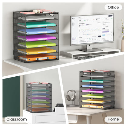 Lavatino 8-Tier Office Desk File Organizer, Letter Tray Paper Organizer with Handle, Including 5 Adjustable Slide Trays for Organizing Desktop Workspace Accessories and Supplies (Grey Metal Mesh)