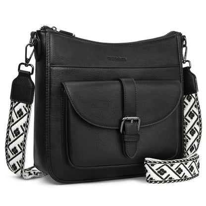 WILLSOLUNA Crossbody Bags for Women Leather Purses Medium Hobo Shoulder Handbags Anti Theft Travel Purse with Wide Strap(Black)
