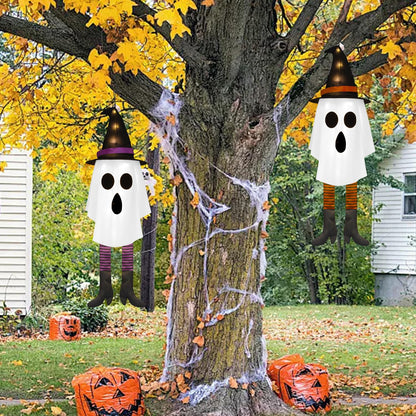 Halloween Ghost Decorations Outdoor Indoor, Hanging Ghost with Witch Hats & Strip Legs, Spooky Flying Ghost with LED String Lights, 3 Lighting Effects – Yard Porch Tree Floating Halloween Decor 2 PCS