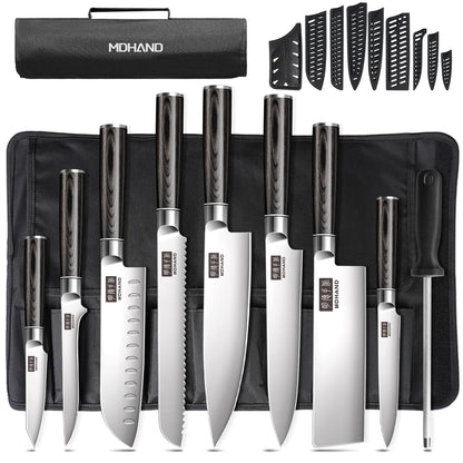 MDHAND Chef Knife Set with Roll Bag, 9PCS Professional Knife Sets with Sharpener, High Carbon Stainless Steel Japanese Kitchen Knives - Black Pakkawood Handle, Dishwasher Safe, For Cooking, Chef Gifts