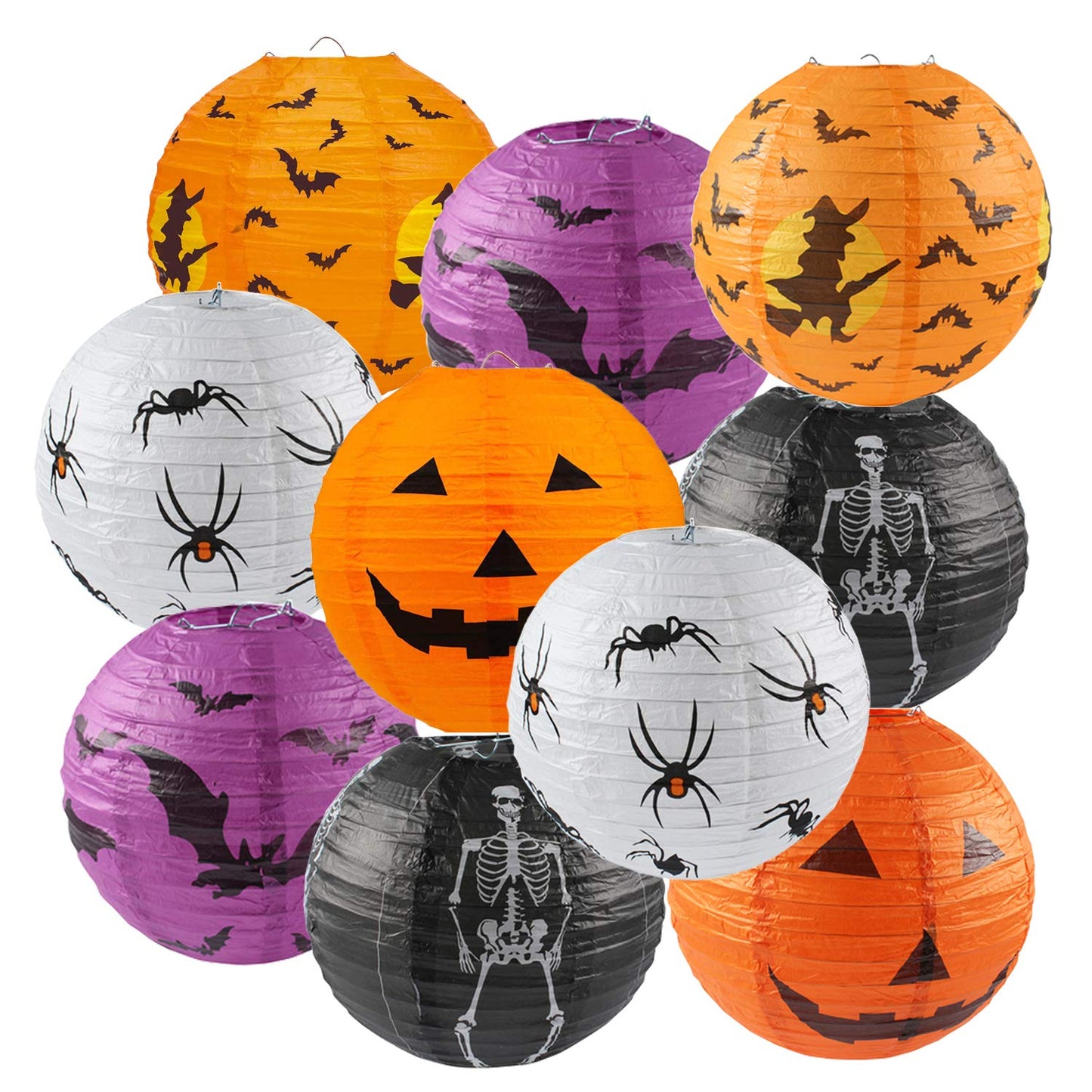 10PCS Halloween Paper Lanterns, Hanging Jack-O'-Lantern Spider Skeleton Pumpkin for Halloween Party Decor, Indoor & Outdoor Spooky Home Decor - 10 Inches