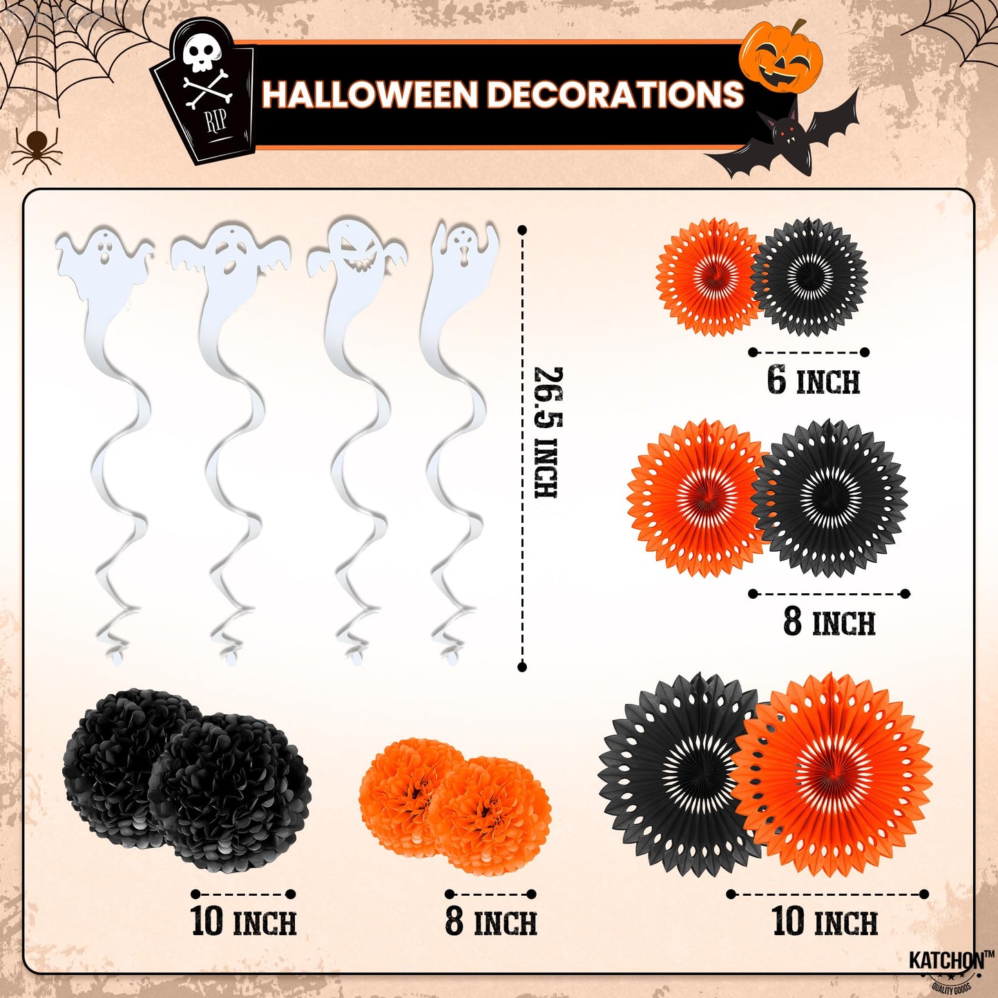 KatchOn, Hanging Halloween Decorations Set - Pack of 17 | Glittery Happy Halloween Banner, Garlands, Ghost Hanging Swirls, Orange Pumpkin, Paper Fan, Spooky | Halloween Decor Hanging Swirls