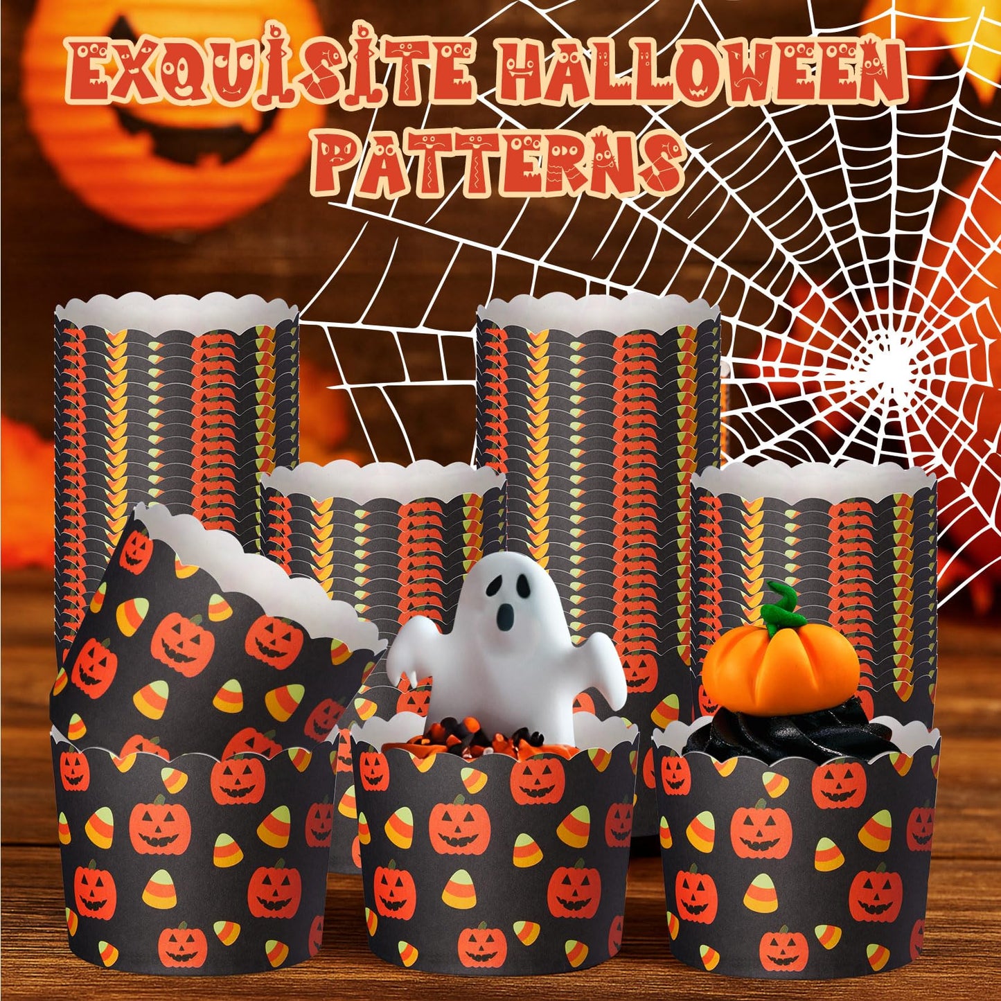 Funnymoom 100 Pcs Halloween Pumpkin Paper Baking Cups Black Orange Cupcake Liners Wrappers Decorative Cupcake Holders for Halloween Birthday Party Supply
