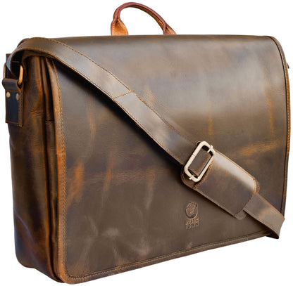 Leather Messenger Bag for Men 14" Leather Laptop Bag Vintage Crossbody Office Satchel Travel Shoulder Bag, Brown