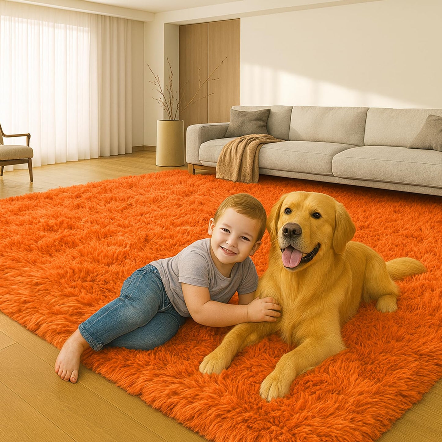 Mtandyx 5x7 Plush Fluffy Area Rugs, Large Soft Carpet, Upgraded Non-Slip Rectangular Rug for Living Room, Bedroom, Kids Room, Dorm,Modern Home Decor Aesthetic,Orange.