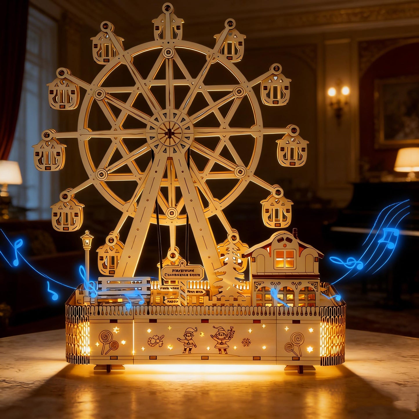 Foyucool Wooden 3D Puzzle for Adults - DIY Ferris Wheel Model Kit with Music Box & LED Lights, Mechanical Assembly Building Set, Creative Craft Gift for Friends and Family, Age 14+