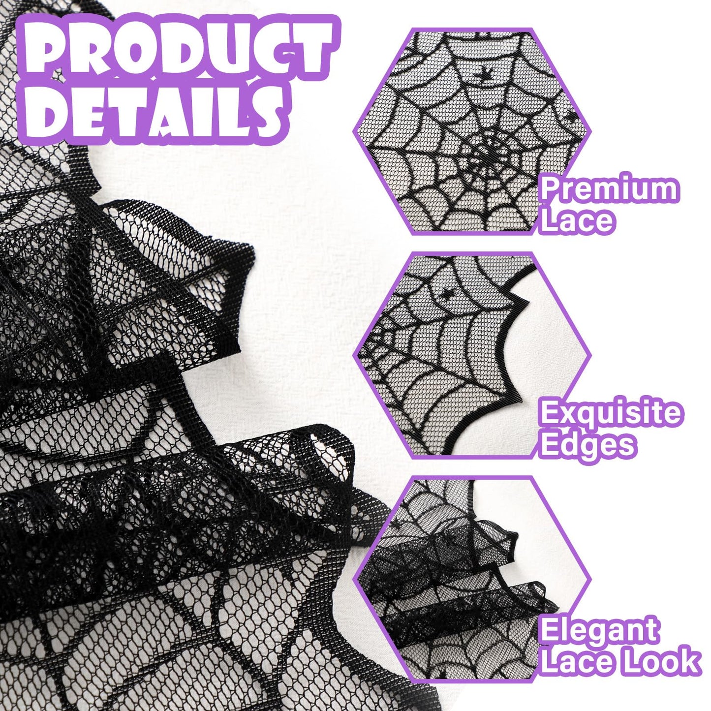 Windkream 18 x 72 Inch Halloween Table Runners Black Lace Spider Web Table Runner with Crawling Spider Gothic Halloween Decorations for Masquerade Themed Party Dinner Mantel Indoor Decor