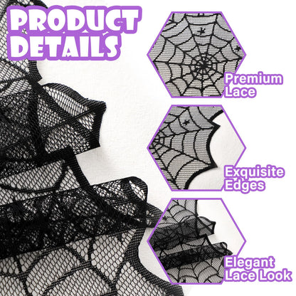 Windkream 18 x 72 Inch Halloween Table Runners Black Lace Spider Web Table Runner with Crawling Spider Gothic Halloween Decorations for Masquerade Themed Party Dinner Mantel Indoor Decor