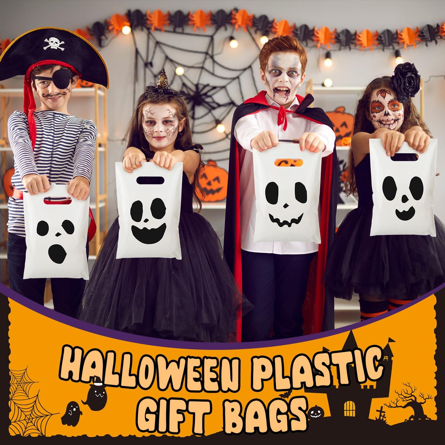 Sunnymove 120 Pcs Goodie Bags with Handles Gift Bags Bulk Cute Plastic Treat Candy Packing for Party Decorations Favors Supplies(120 Pcs,White Ghost)