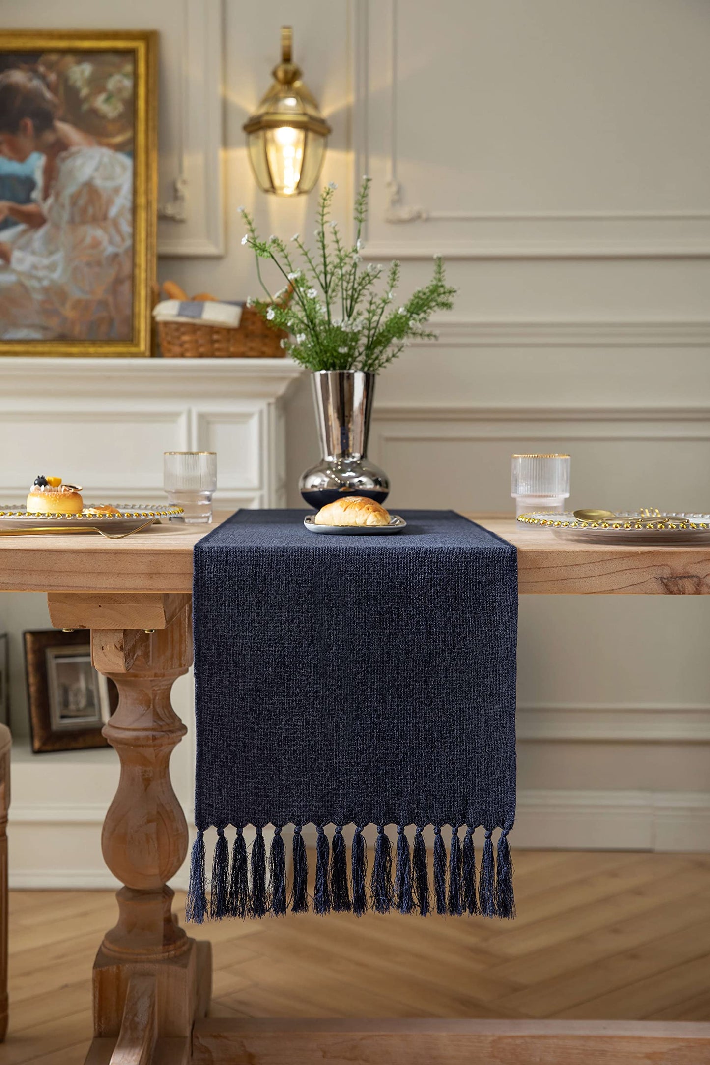 ZeeMart Navy Table Runners 108 Inches Long, Burlap Linen Style Rustic Farmhouse Table Runner, Long Boho Dining Table Runner, 13x108 Inches, Navy