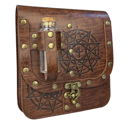 HiiFeuer Medieval Alchemy Faux Leather Belt Bag with Cork Potion Vials, Fantasy Wizard Waist Pouch Side Pack for Halloween (Light Brown C)