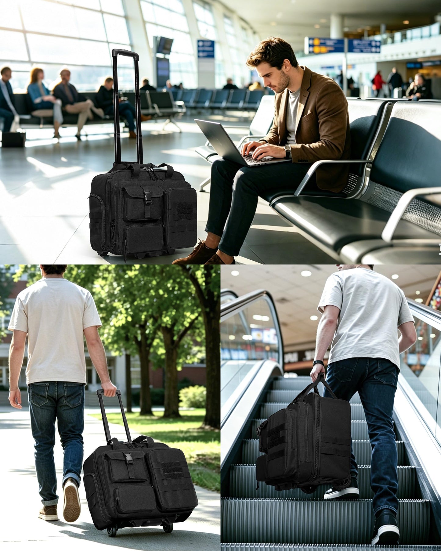 Trahzia Rolling Tactical Messenger Bag, 17.3 Inch Briefcase with Wheels for Men, Wheeled Military Laptop Bag for Work Commute Flight, Black