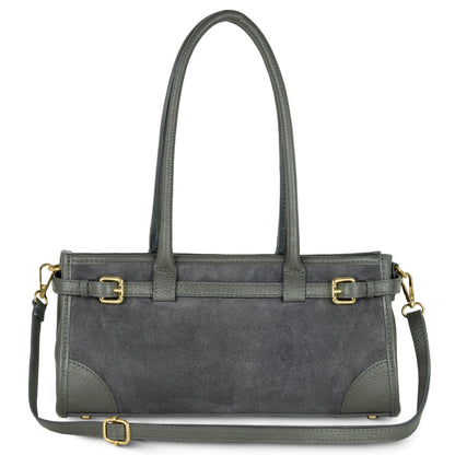 Italian Genuine Suede Compact Bag for Women with Leather Trim | Rectangular Structured Shoulder Crossbody Purse (Dark Grey)