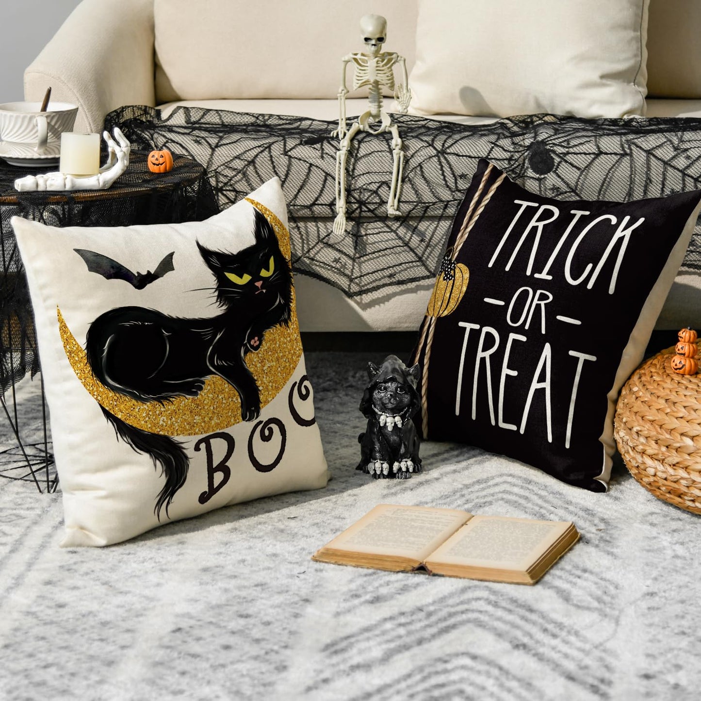 AVOIN colorlife Happy Halloween Boo Black Cat Trick or Treat Throw Pillow Covers, 18 x 18 Inch Spooky Pumpkin Bat Cushion Case for Sofa Couch Set of 4