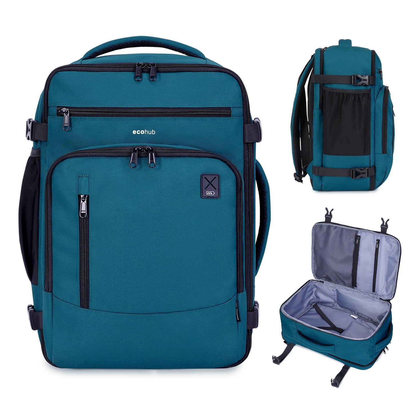 ECOHUB 17" Small Travel Backpack, United Airlines Personal Item Bag 17x10x9 with 16 Pockets, Water Resistant Rucksacks Fit 15.6" Laptop, AirTag Pocket, Lightweight Casual Daypack, 25L, Blue Green