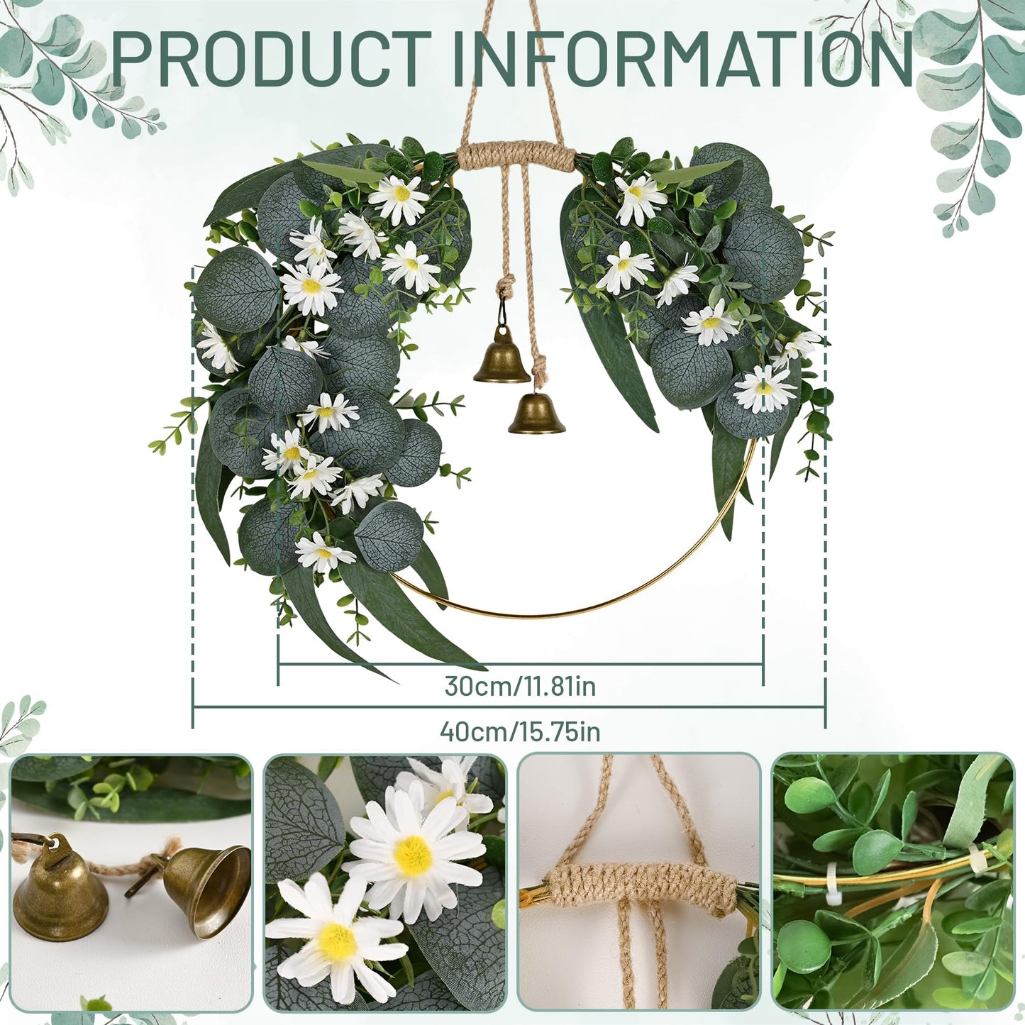 Kuabiz Spring Eucalyptus Wreath for Front Door 15.7" Artificial Spring Greenery Wreath with Olive Leaves Daisy Flower Summer Wreaths All Season for Farmhouse Porch Window Hanging Wall Home Decor