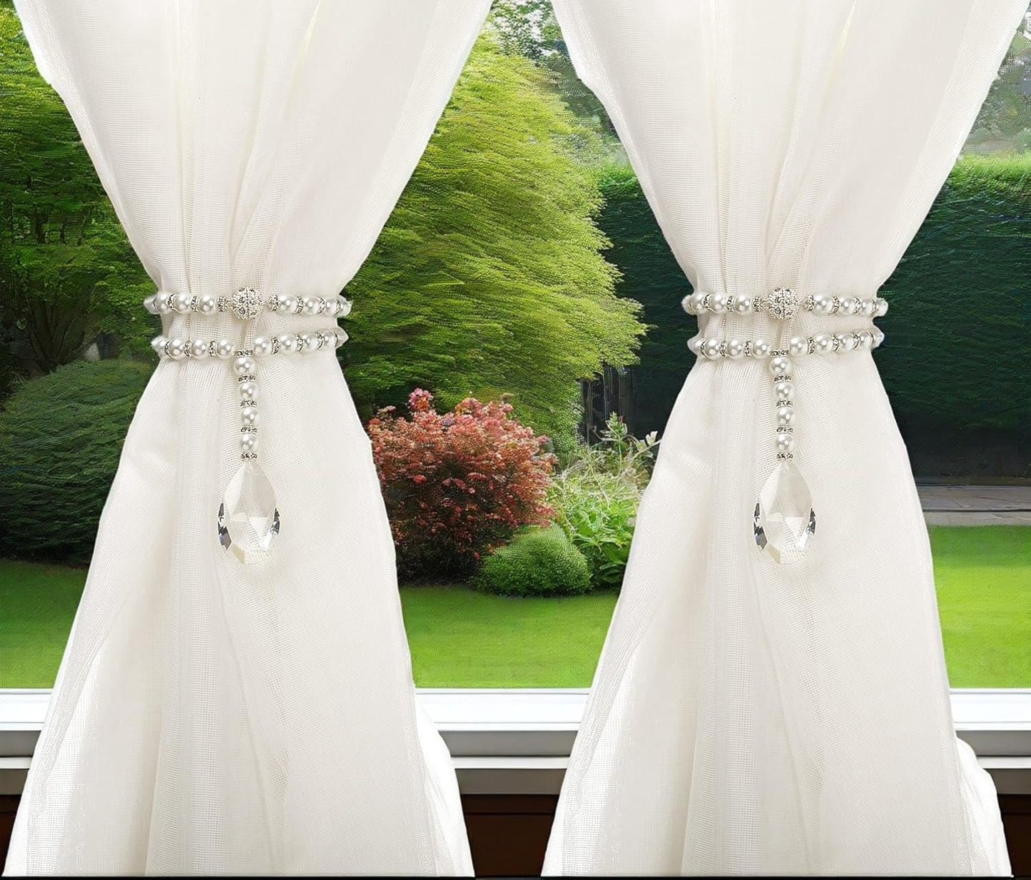 SUQ I OME 1 Pair of Luxury Pearl Beaded Magnetic Curtain Tieback and Holdback Curtain Clips Curtain Buckle Curtain Holder Blingbling Curtain Holdbacks for Drapes,Pearl