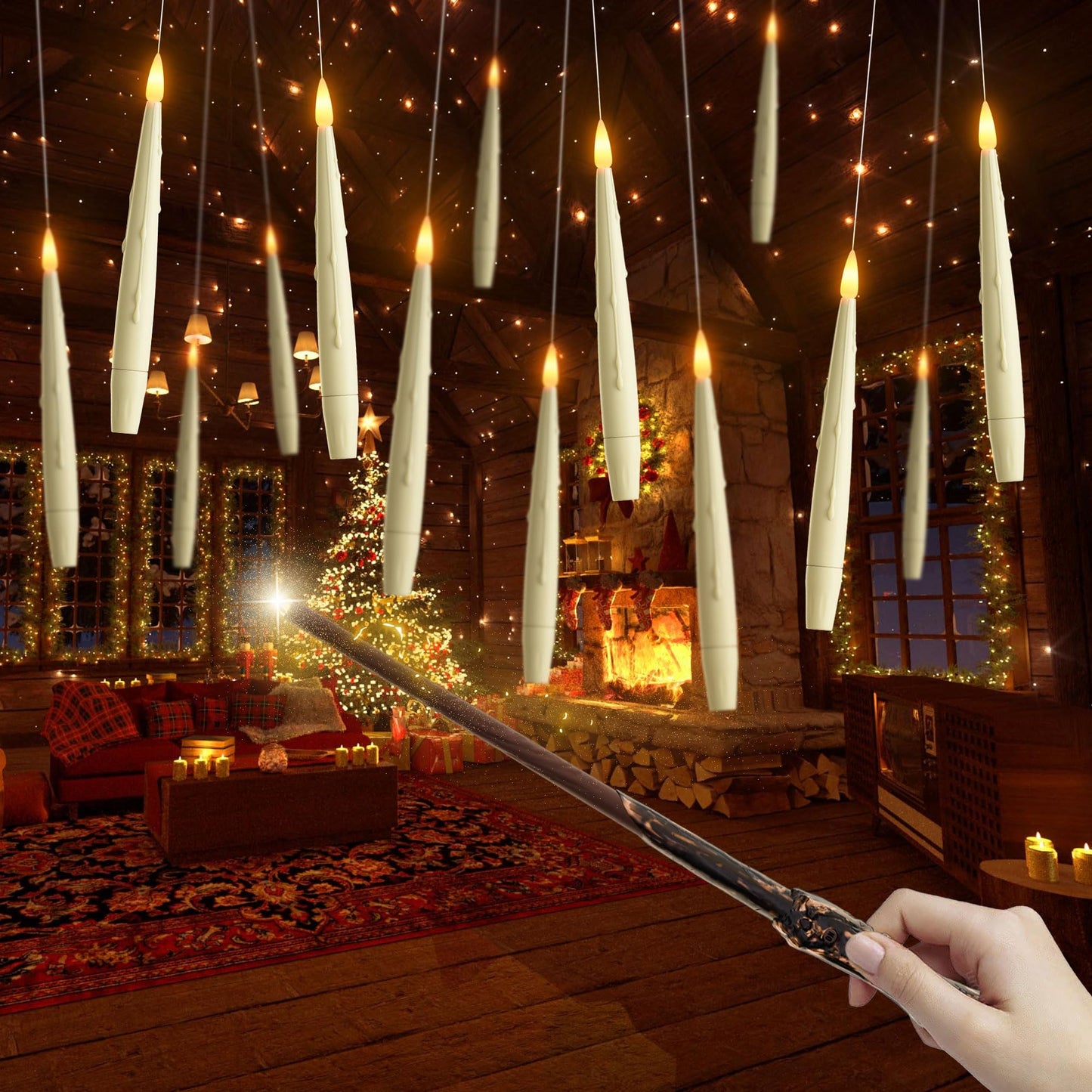 AFINETH Flameless Floating Candles with Wand, Magic Hanging LED Candles, Ivory Battery Operated Electric Taper Candles for Halloween, Christmas, Birthday Parties, 12 PCS