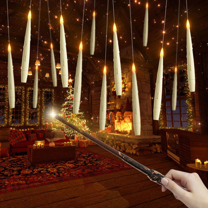 AFINETH Flameless Floating Candles with Wand, Magic Hanging LED Candles, Ivory Battery Operated Electric Taper Candles for Halloween, Christmas, Birthday Parties, 12 PCS