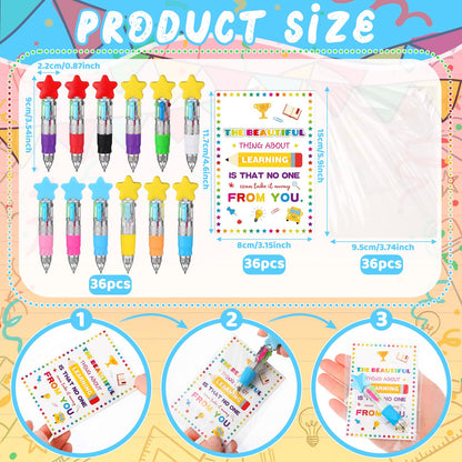 Resurhang 36 Set Back to School Gifts for Student Star 4-in-1 Ballpoint Pen with Motivational Card Clear Gift Bag Star Ballpoint Bulk for First Day of School Party Favor Teacher Rewards Event