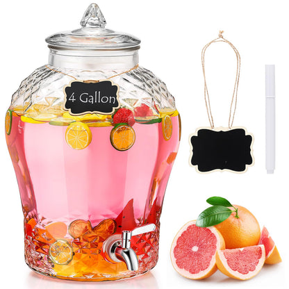 Baderke 4 Gallon Glass Drink Dispenser for Parties Beverage Dispensers Glass Water Dispenser with18/8 Stainless Steel Leakproof Spigot Hanging Chalkboard Signs Pen for Party Wedding (Novel Style)