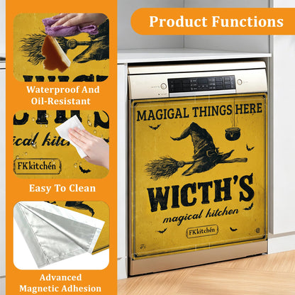 Halloween Witch Dishwasher Cover Magnet, 23 x 26 Inch Trimmable Magnetic Sticker for Dishwasher Front Panel, Easy Clean Decor for Fridge