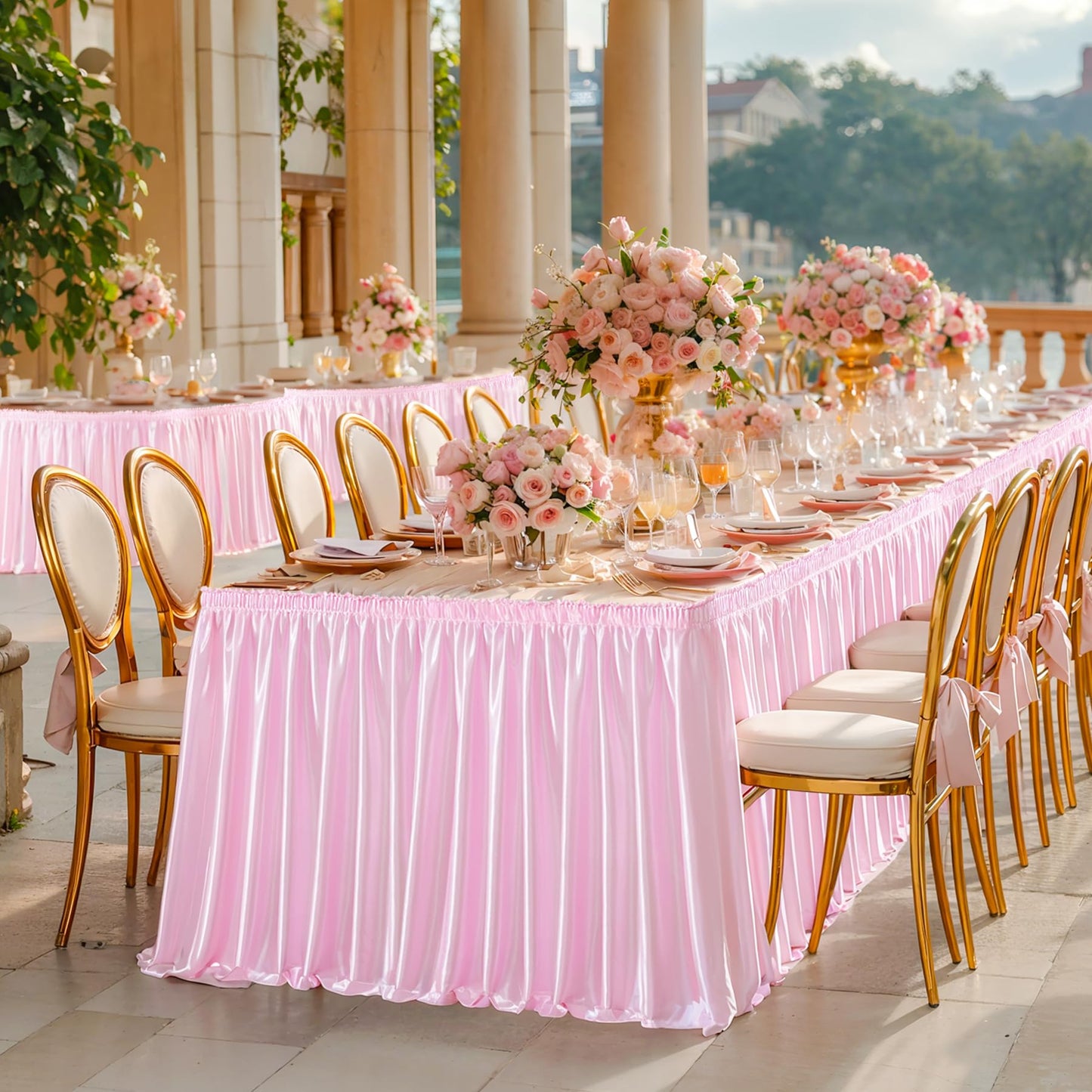 Wish Care 6ft Pink Satin Table Skirt for Rectangle Tables Wrinkle Free Glitter Desk Skirts Pleated Ruffle Table Cloth for Girls Birthday Baby Shower Theme Party Wedding Cake Table Skirting Decorations