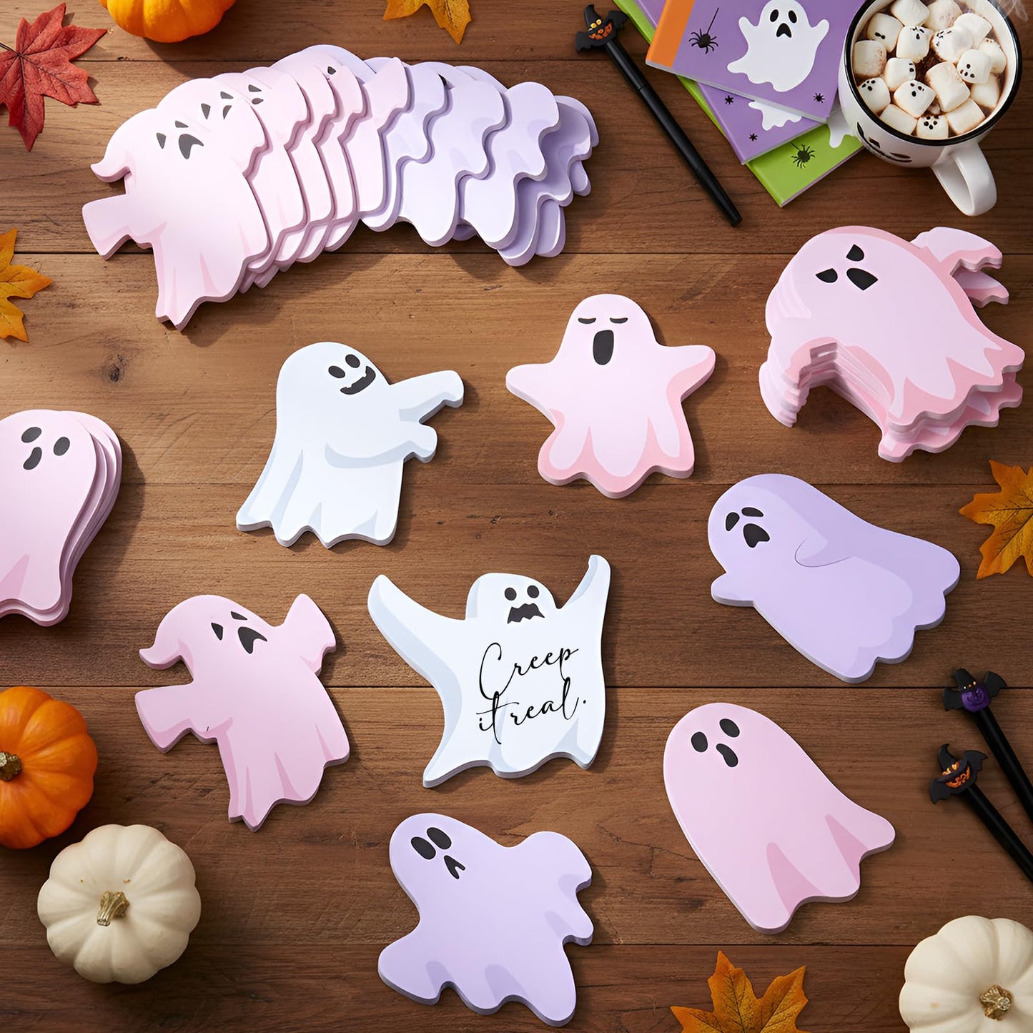 Thenshop 48 Pack Ghost Halloween Sticky Notes 1440 Sheets Boo Ghost Note Pads 8 Styles Self Adhesive Notepads for Halloween School Office Home Students Teachers Present