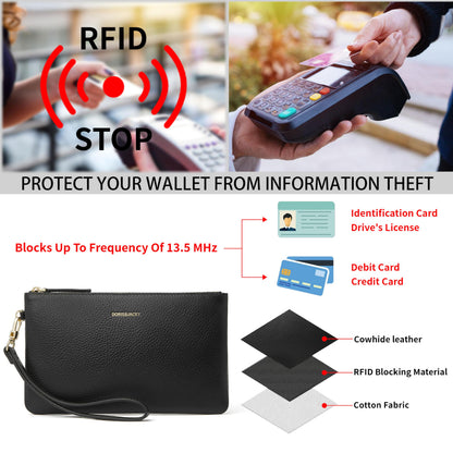 DORIS&JACKY Small Leather Wristlet Clutch Purse for Women Slim Designer Wallet and Cellphone Pouch Bag With Detachable Strap (Black)