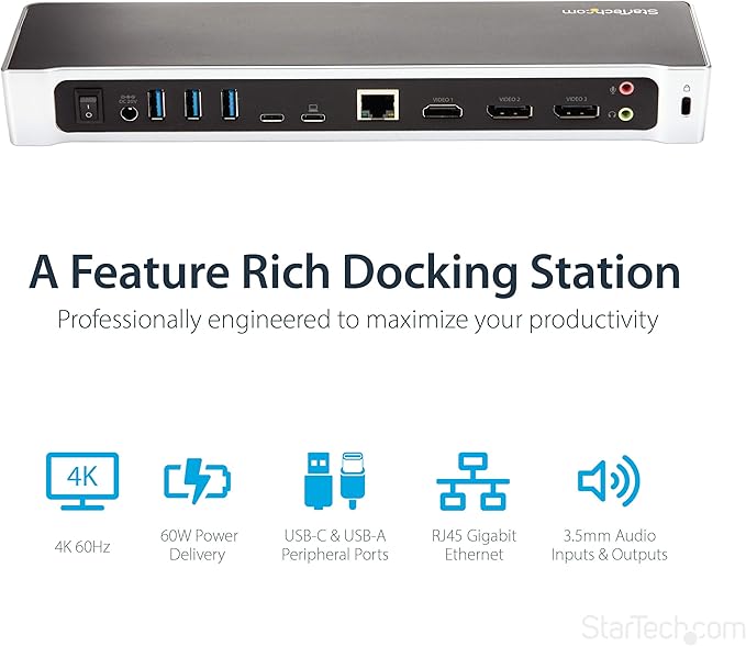 StarTech.com USB-C Triple Monitor Docking Station for MacBook Pro / Air M1 M2 M3 M4 & Windows, Universal 4K HDMI DP Dock, Thunderbolt Compatible, 60W Laptop Charging - TAA