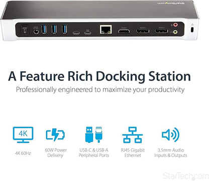 StarTech.com USB-C Triple Monitor Docking Station for MacBook Pro / Air M1 M2 M3 M4 & Windows, Universal 4K HDMI DP Dock, Thunderbolt Compatible, 60W Laptop Charging - TAA