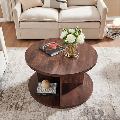 JXQTLINGMU Round Coffee Table for Living Room, 32" Modern Center Table with Cross Support Structure & Open Storage Cubby, Wood Circle Cocktail Table for Small Space, Apartment, Dark Walnut