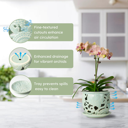 HERDUK Ceramic Orchid Pot, Orchid Pots with Drainage Holes & Saucer 6.5 Inch,Orchid Pot for Repotting Indoor, Orchid Containers with Precise Aeration & Drainage Sky Blue