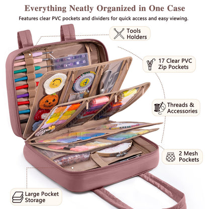 AMOIGEE Sewing Supplies Organizer Bag, Large Craft Storage Tote with 17 Clear Pockets&Tool Holders, Portable Crochet Knitting Embroidery Organizer Case for Threads, Hooks, Needles & Sewing Accessories