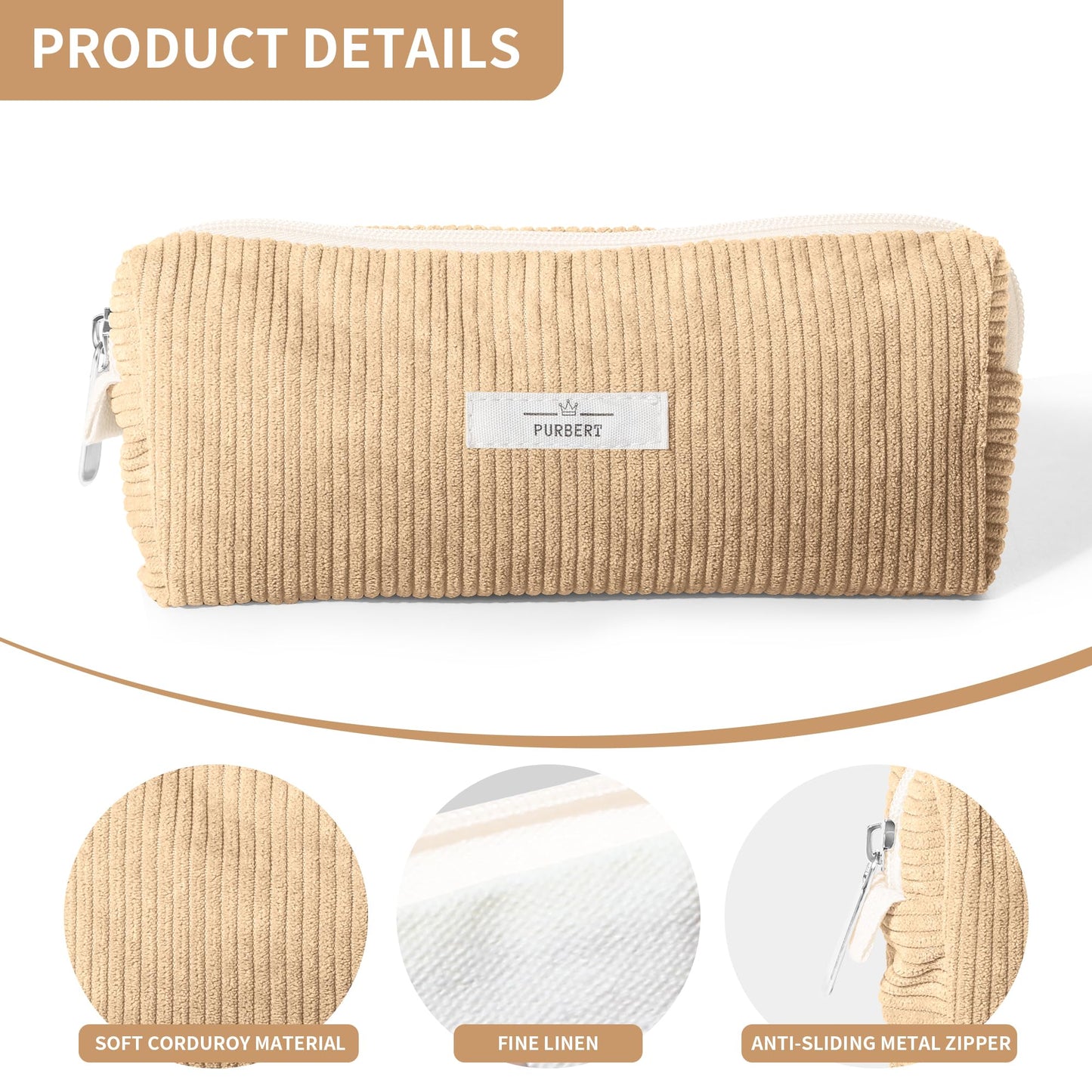 Purbert Pencil Bag Pen Case, Soft Corduroy Small Pencil Pouch Organizer with Zipper, Cute Pencil Case Pouch Stationery for Girls and Boys – Apricot