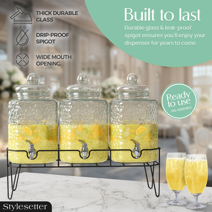 Style Setter Premium Glass Drink Dispensers with Metal Stand for Parties – Beverage Dispenser Set for Cold Drinks, Lemonade, Cocktails, Juice – Party Glass Drink Dispenser Station - 1.5 Gal, Set of 3