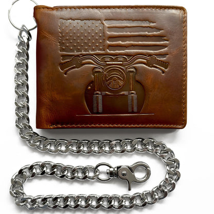 MID WEST RANGE Father's Day Wallet - Patriotic Biker Bifold Wallet with Chain for Men – Distressed Brown Leather, RFID-Blocking w. 10 Card Slots, Flip-Out ID Holder, American Flag & Motorcycle Design