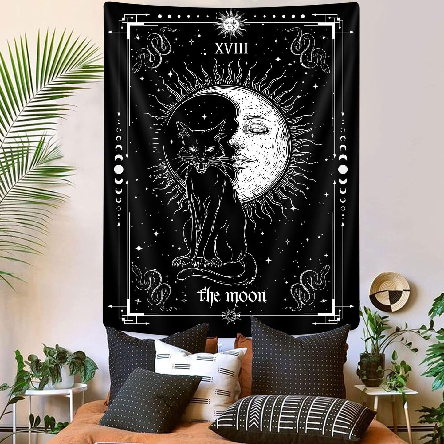 Gothic Black Cat Vertical Tapestry, Witchy Black and White Tarot Card Wing Bat Cat Cool Tapestries for Men, Moon Phases Aesthetic Anime Witchcraft Satanic Art Tapestry Wall Hanging for Bedroom Living Room Poster, 40X60Inch