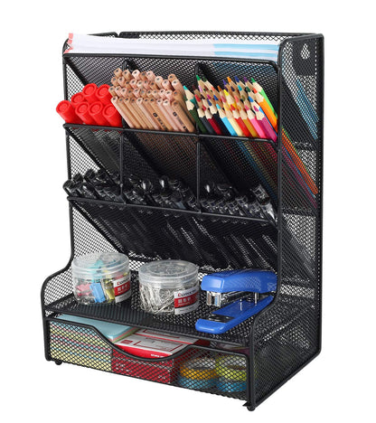 PAG Desk Organizer with Drawer Office Supplies and Accessories Storage Caddy Hanging Wall Shelf Metal Mesh Pencil Holder for Kids, 9 Compartments, Black