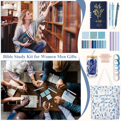 Singhoow 29 Pcs Bible Journaling Supplies Kit 16 oz Glass Cup Canvas Bag Leather Notebook Highlighters Pens Sticky Note Tapes Bible Study Supplies for Women Father Sunday School Teacher(Boho, Blue)