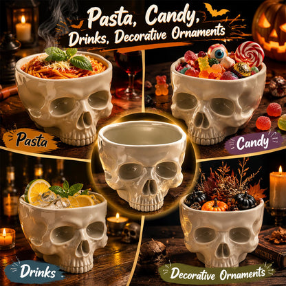 TALLGIRA Food Safe Ceramic Skull Bowl, Halloween Candy Bowl for Cereal Pasta Ice Cream, Microwave Dishwasher Skeleton Head Desk Decor (300, ml/min)