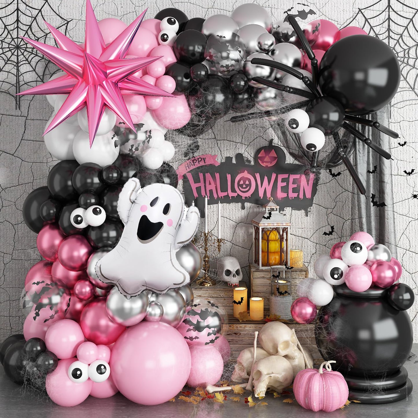 Halloween Balloon Arch Garland Kit, 129Pcs Black Spider White Eyes Bats Pink Metallic Silver Red Latex Balloons with Ghost Explosion Star Foil Balloons for Spooky Halloween Party Outdoor Decorations