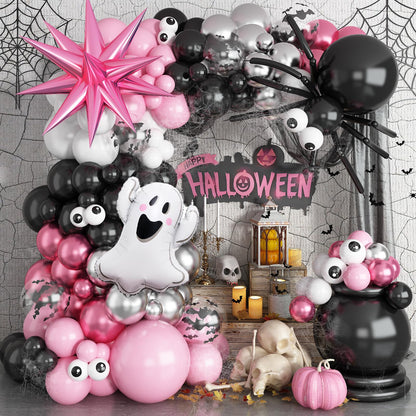 Halloween Balloon Arch Garland Kit, 129Pcs Black Spider White Eyes Bats Pink Metallic Silver Red Latex Balloons with Ghost Explosion Star Foil Balloons for Spooky Halloween Party Outdoor Decorations