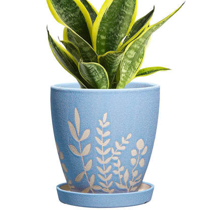 EPFamily 6 Inch Ceramic Plant Pot with Saucer - Small Flower Pot with Drainage for Succulents & Herbs, Boho Desk Home Office Room Decor, Plant Lovers Gifts, Blue