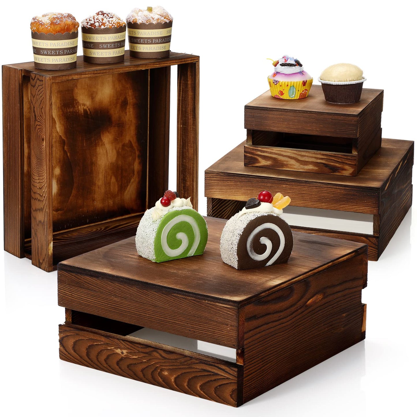 Sieral 4 Pieces Wood Cupcake Display Stand Decorative Dessert Appetizer Cake Stand Risers Wooden Crate Rustic Cake Risers for Storage for Party Christmas Halloween Wedding Decor(Burnt Wood)
